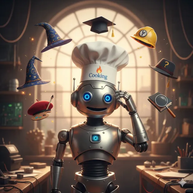 A friendly silver robot in a workshop wears a chef's hat labelled Cooking and scratches its head while other hats float around it: a wizard's hat, a graduation cap, a hard hat, a detective's hat, an artist's beret and a magnifying glass over a book, one for each skill it could put on.