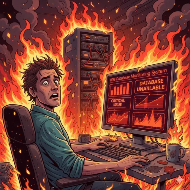 Illustration of a database outage with a monitoring dashboard and servers on fire