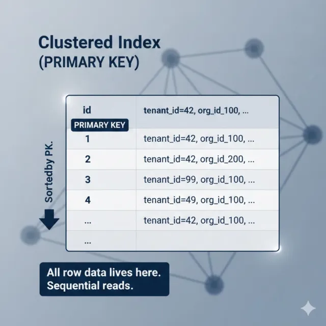 Clustered primary-key index storing full rows in primary-key order