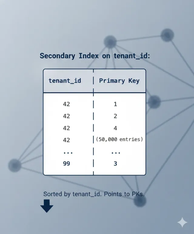 Secondary tenant index mapping tenant IDs to primary keys for row lookups