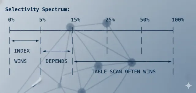 Illustrative selectivity spectrum showing when an index or table scan may be preferable