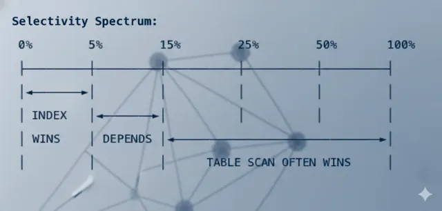 Illustrative selectivity spectrum showing when an index or table scan may be preferable