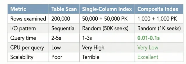 Comparison showing how a composite index reduces row lookups and query cost