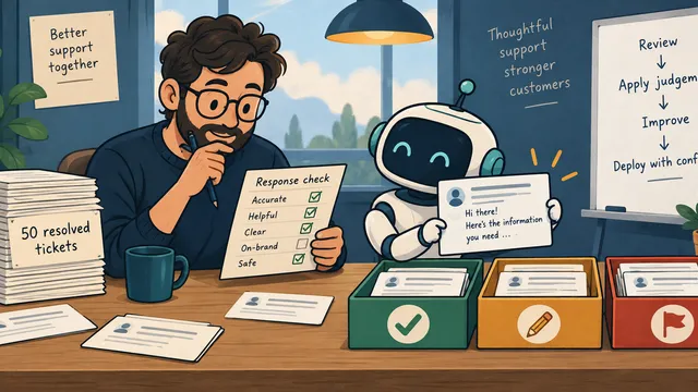 A support engineer and an AI robot review 50 resolved tickets at a workbench, sorting responses into approval, revision, and escalation trays.