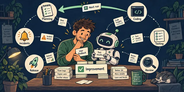 A human engineer and an AI assistant gather feedback from six SDLC stages and process improvements for the next cycle.