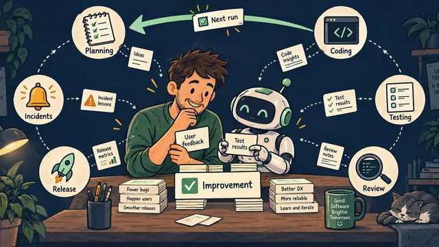 A human engineer and an AI assistant gather feedback from six SDLC stages and process improvements for the next cycle.