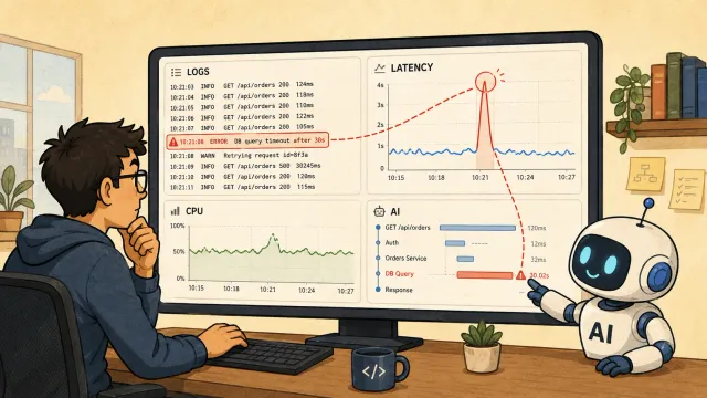 A developer and an AI assistant investigate logs, latency spikes, and CPU metrics on a dashboard.