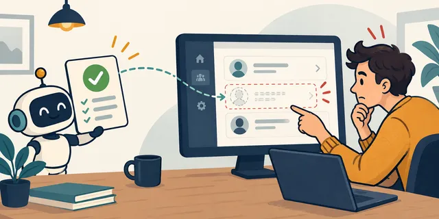 A cheerful robot holds up a test report with a green tick while an engineer points at a highlighted account row on screen that was deleted anyway.