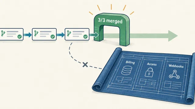Three pull requests pass through a gate marked 3/3 merged, while a dashed path stops short of a blueprint for billing, access and webhooks.