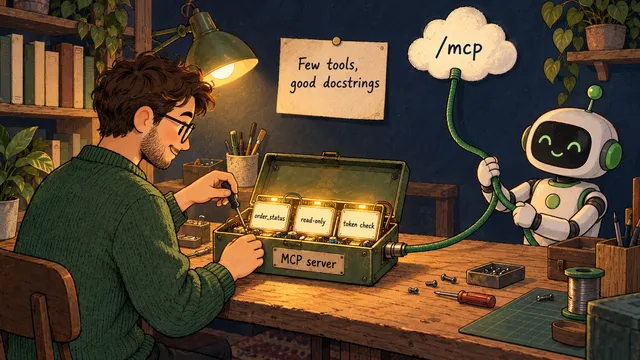 An engineer in a green sweater works with a screwdriver on an open metal box labelled MCP server on a workbench. Inside are three glowing cards: order_status, read-only and token check. A cable runs from the box to a cloud on the wall labelled /mcp, and a friendly white robot holds the cable and smiles. A note above the bench reads Few tools, good docstrings.