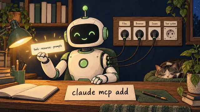 A friendly white robot at a wooden desk holds a glowing card reading tools, resources, prompts. Three cables run from its side into a wall panel of sockets tagged Files, Browser and Issues, with one empty socket tagged Your system. A card on the desk reads claude mcp add, and a cat sleeps beside a plant.
