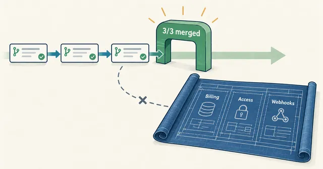 Three pull requests pass through a gate marked 3/3 merged, while a dashed path stops short of a blueprint for billing, access and webhooks.