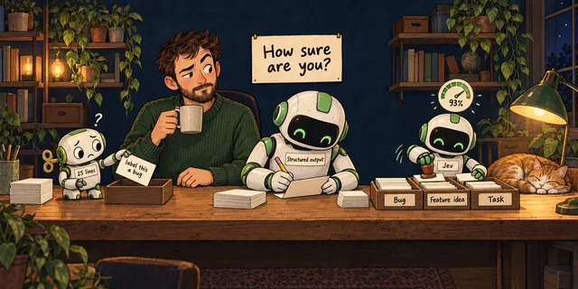 An engineer with a mug watches three robots sort support tickets: a confused wind-up robot labelled 25 lines is fooled by a card reading label this a bug, a careful robot labelled Structured output writes slowly, and a quick robot labelled Jev stamps tickets into Bug, Feature idea and Task trays under a 93% confidence dial, beside a sign asking How sure are you?