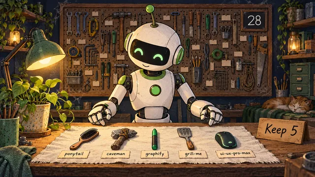 A friendly white robot stands at a workbench in front of a crowded pegboard of dusty tools, with 28 chalked on a board beside it. On a cloth in front of it lie just five tools, tagged ponytail, caveman, graphify, grill-me and ui-ux-pro-max, next to a sign reading Keep 5.