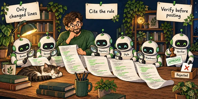 An engineer reads a long pull request diff while five small robots labelled Router, Service, Repository, Style and DB performance inspect it with magnifying glasses, and a sixth, the Verifier, stamps one finding approved and drops another in a rejected tray.