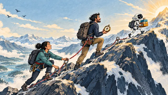 An engineering leader and a software engineer share a safety rope while climbing towards an AI-assisted business opportunity.