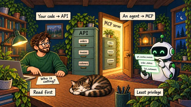 An engineer and a friendly robot at a desk: a filing cabinet labelled API with drawers for orders, invoices and customers, and a glowing doorway labelled MCP server through which the robot reads tool cards.