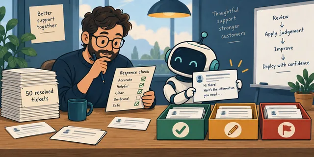 A support engineer and an AI robot review 50 resolved tickets at a workbench, sorting responses into approval, revision, and escalation trays.